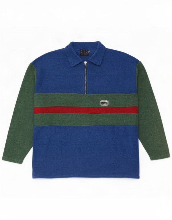 Vintage Mens Zip Neck Top Long Sleeve 2XL Blue Colourblock Cotton