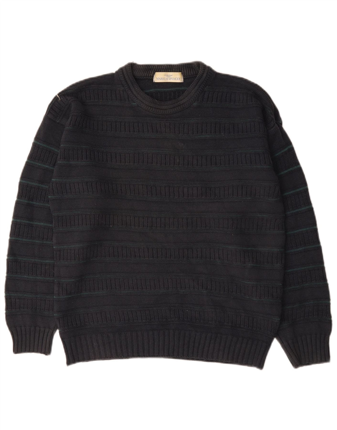 Marks & Spencer Mens Crew Neck Jumper Sweater Medium Black Striped Acrylic