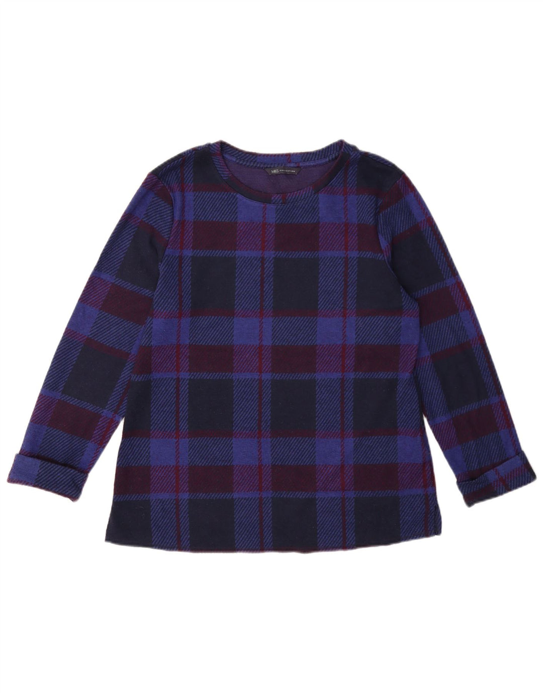Marks & Spencer Womens Long Sleeve Blouse Top UK 12 Medium Navy Blue Check