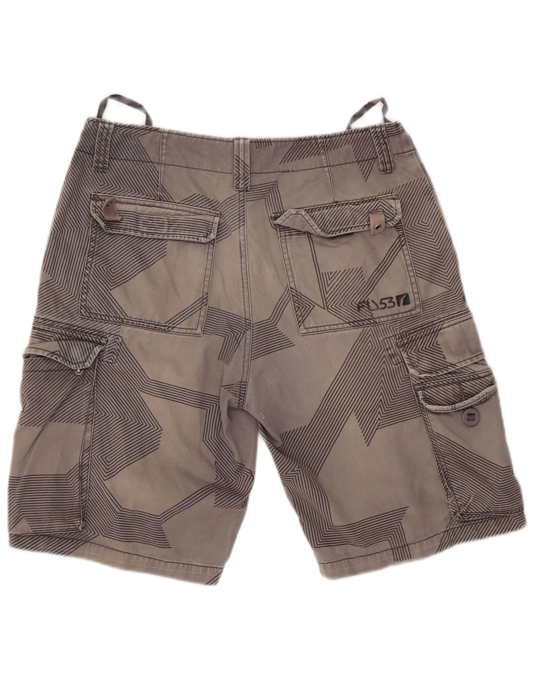 Fly53 Mens Cargo Shorts W34 Large Grey Geometric Cotton