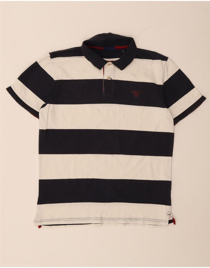 Gant Mens Rugby Polo Shirt Medium Navy Blue Striped Cotton