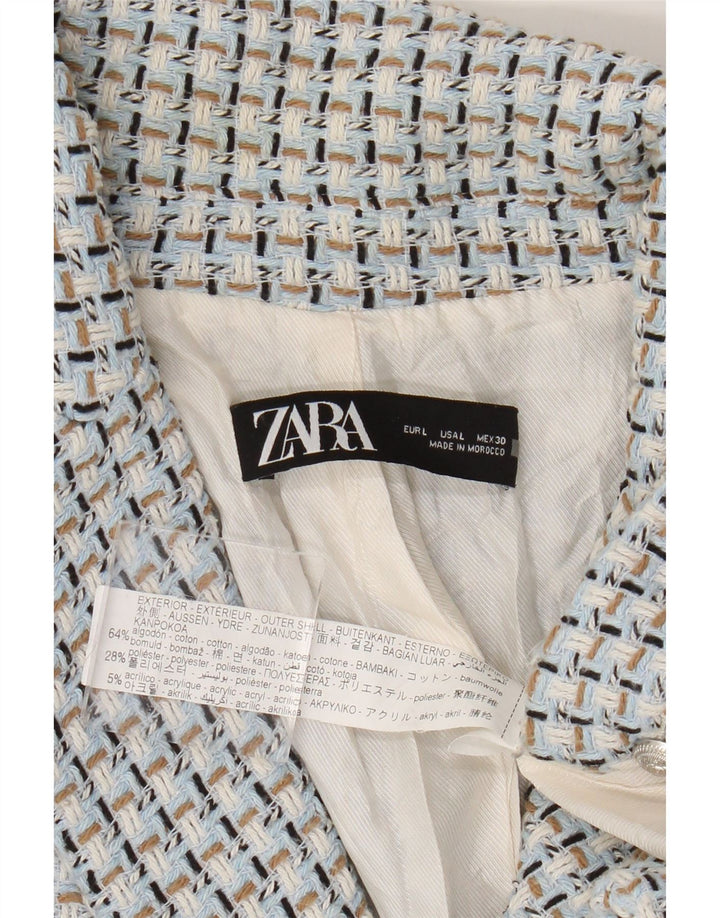 Zara Womens Double Breasted Blazer Jacket UK 14 Large Blue Gingham Cotton