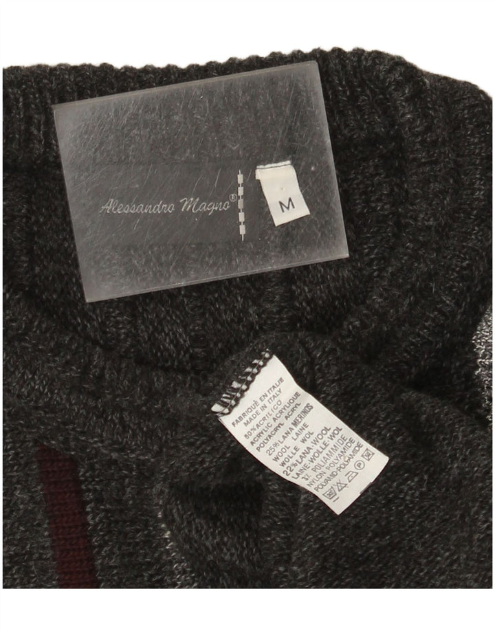 Alessandro Magno Mens Crew Neck Jumper Sweater Medium Grey Striped Acrylic