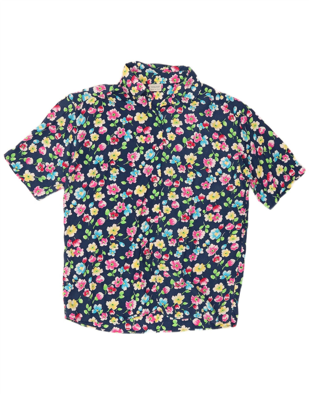 BENETTON Womens Short Sleeve Shirt IT 42 Medium Navy Blue Floral Viscose