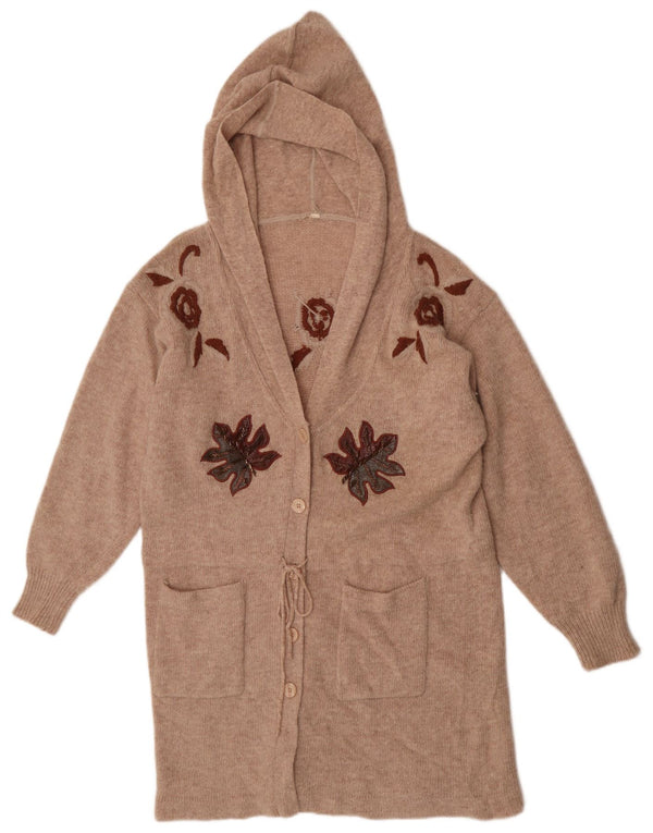 Vintage Womens Longline Cardigan Sweater UK 14 Medium Beige Floral