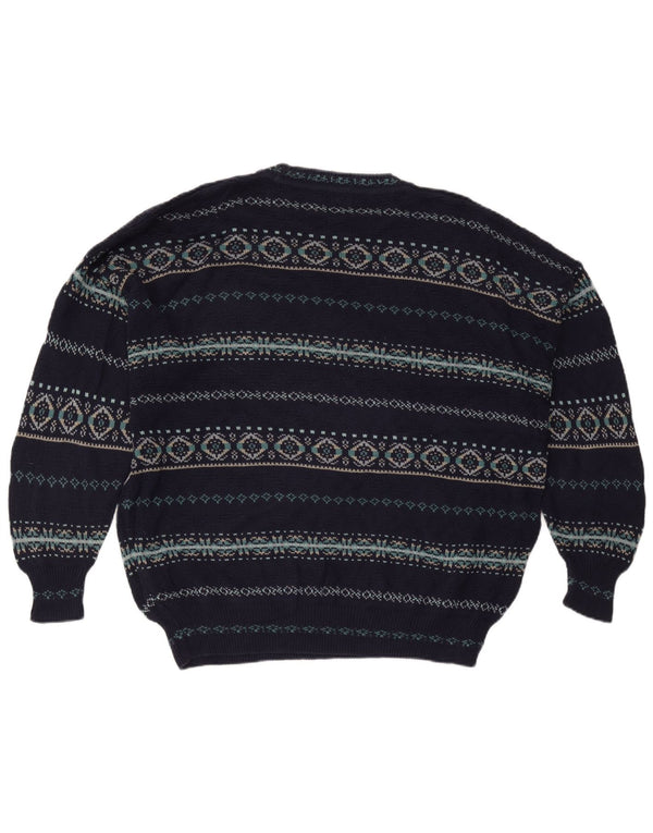 Brandi Mens Crew Neck Jumper Sweater Large Navy Blue Geometric Cotton