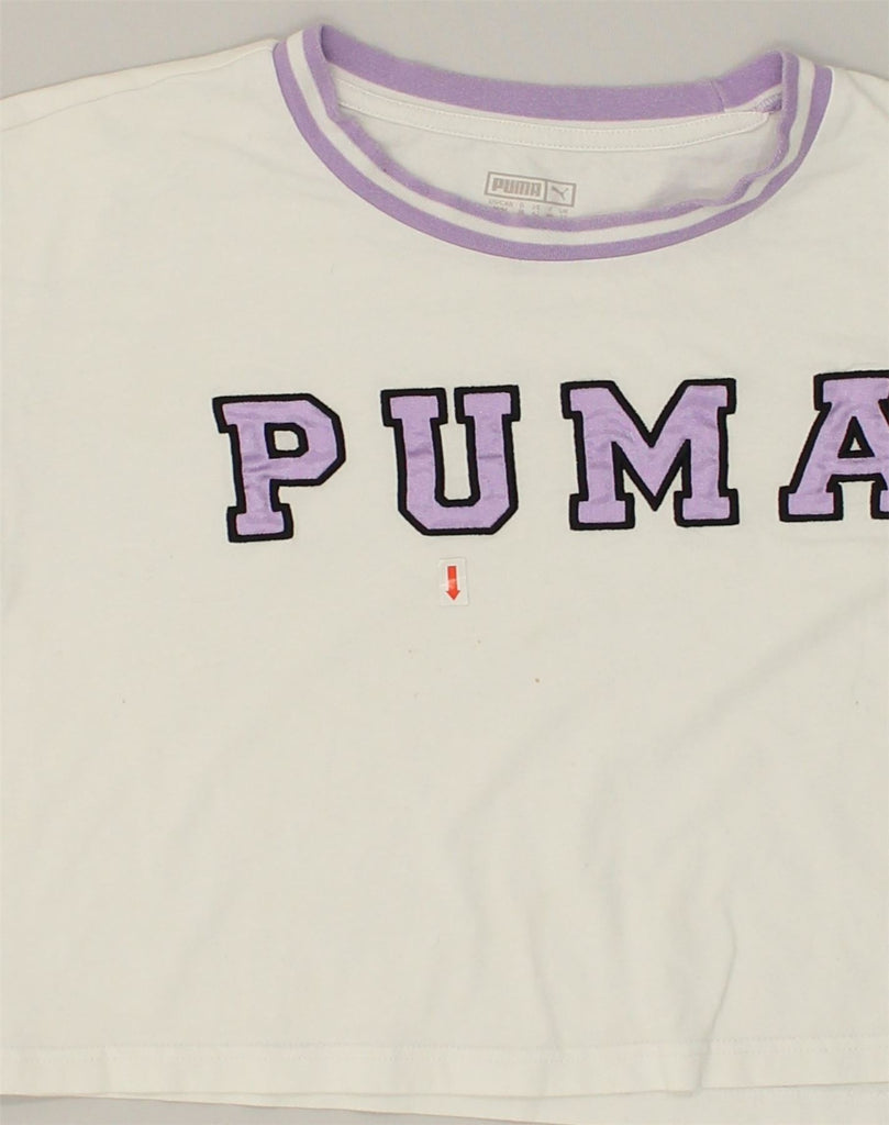 PUMA Womens Oversized Graphic Crop Top UK 12 Medium White Cotton | Vintage Puma | Thrift | Second-Hand Puma | Used Clothing | Messina Hembry 