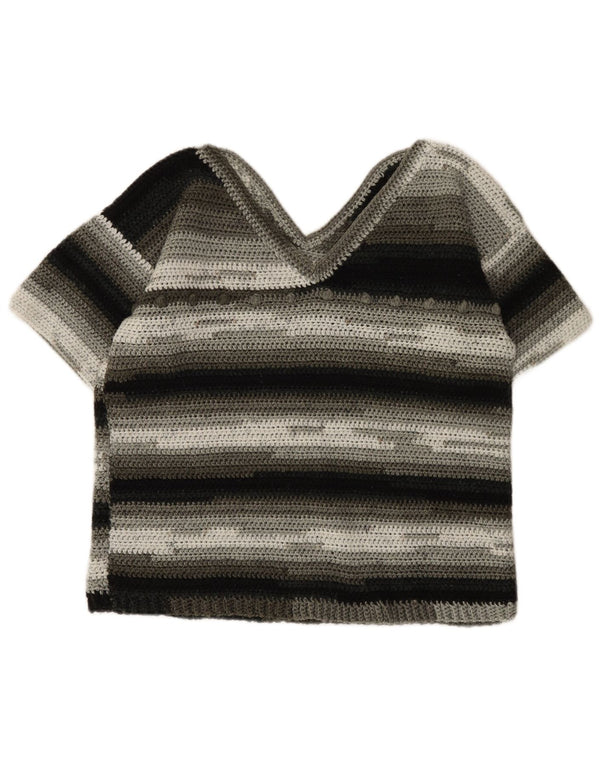 Vintage Womens Short Sleeve V-Neck Jumper Sweater UK 14 Medium Grey Striped