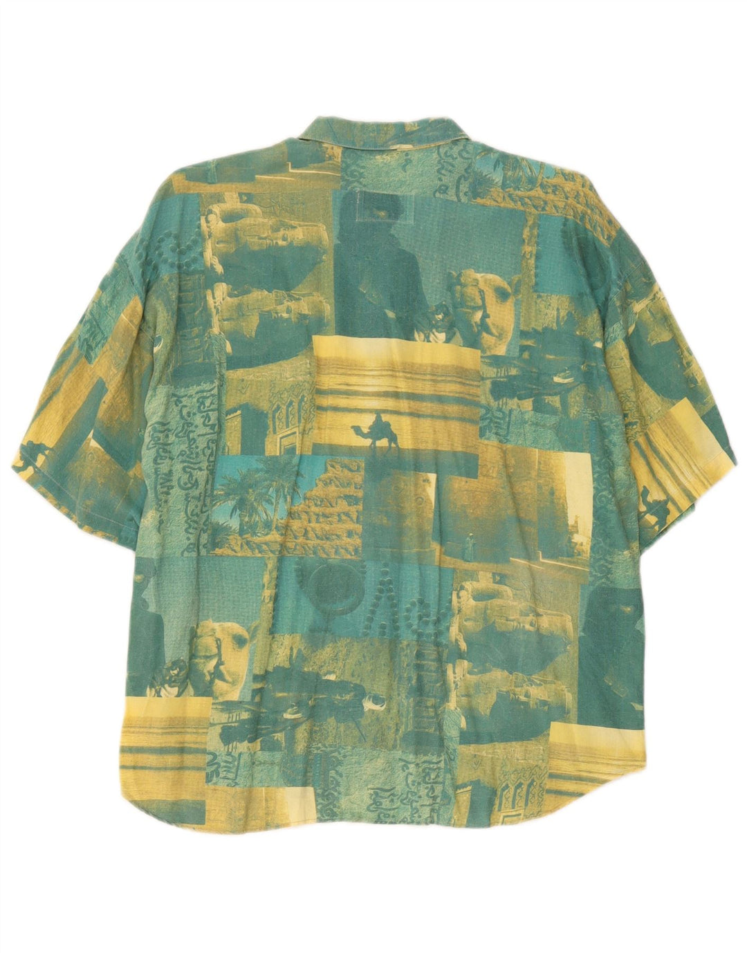 Vintage Mens Graphic Short Sleeve Shirt 2XL Green Patchwork Cotton