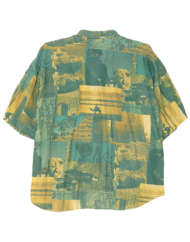 Vintage Mens Graphic Short Sleeve Shirt 2XL Green Patchwork Cotton