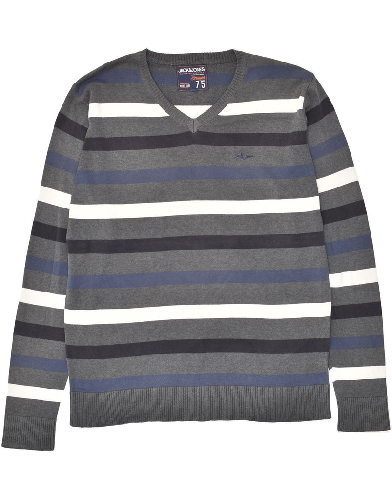 JACK & JONES Mens V-Neck Jumper Sweater XL Grey Striped Cotton | Vintage Jack & Jones | Thrift | Second-Hand Jack & Jones | Used Clothing | Messina Hembry 