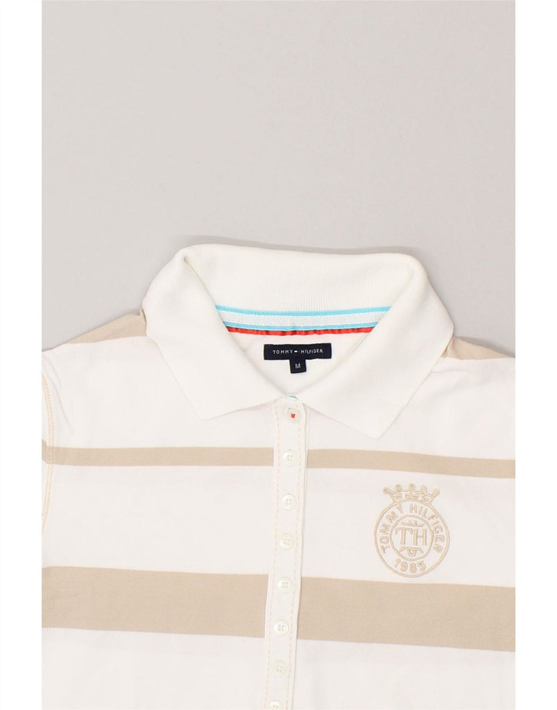 TOMMY HILFIGER Womens 3/4 Sleeve Polo Shirt UK 12 Medium White Striped Vintage Tommy Hilfiger and Second-Hand Tommy Hilfiger from Messina Hembry 