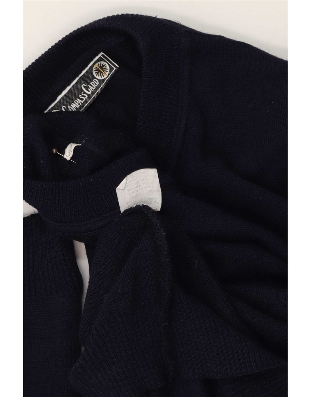 COMPASS CARD Mens Graphic Crew Neck Jumper Sweater Large Navy Blue Wool