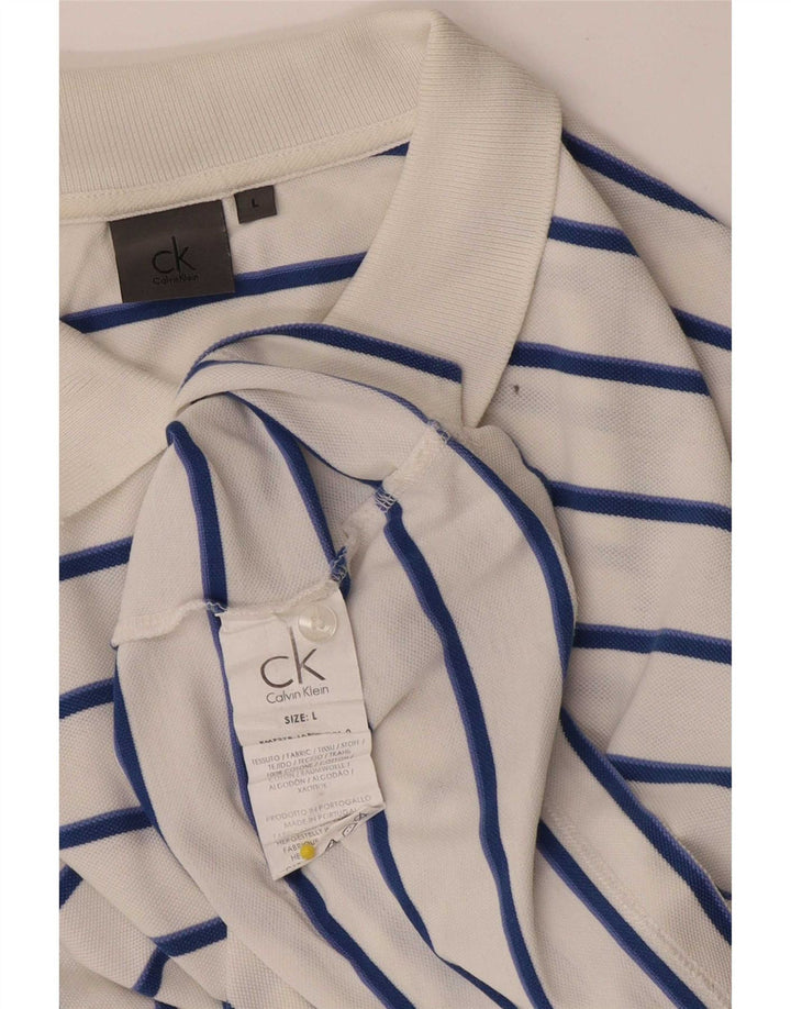 Calvin Klein Mens Polo Shirt Large White Striped Cotton