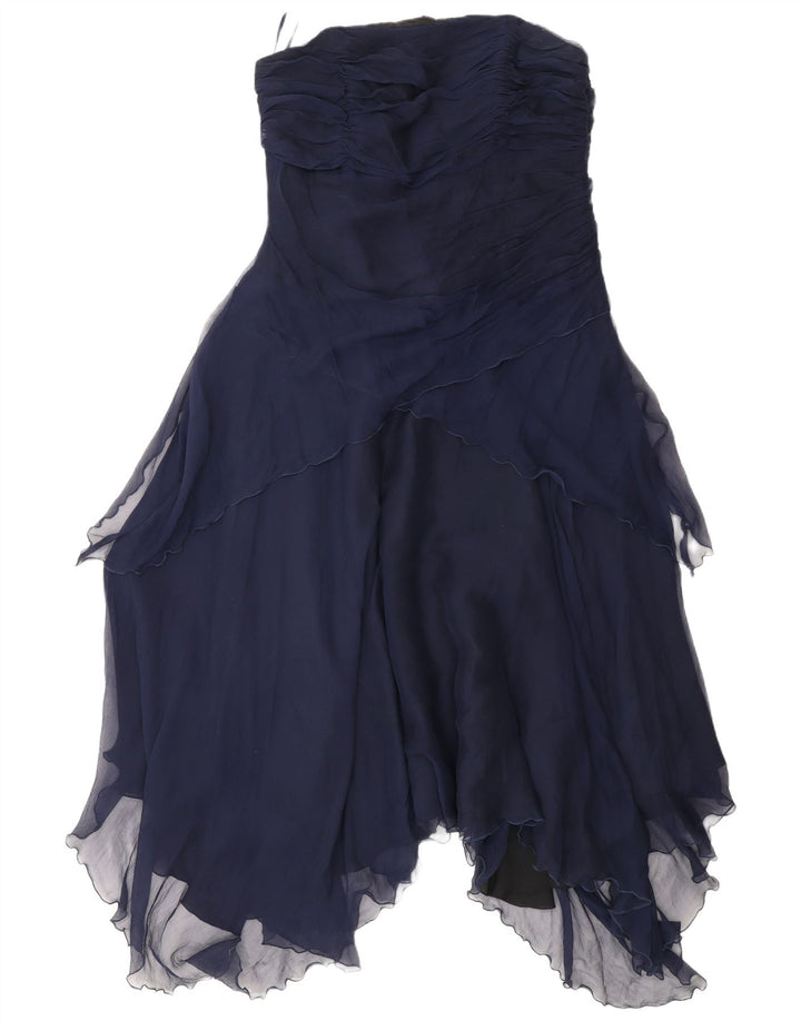 Monsoon Womens Asymmetric Strapless Dress UK 16 Large Navy Blue Silk