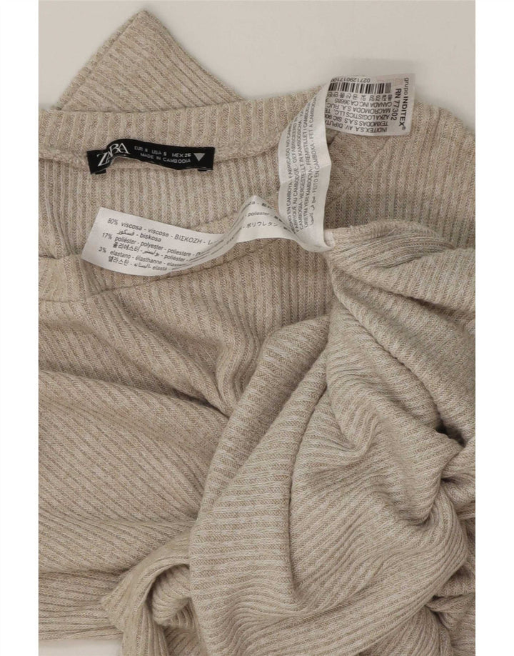 Zara Womens Front Tie Top Long Sleeve UK 10 Small Beige Viscose
