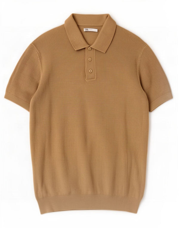 Zara Mens Short Sleeve Polo Neck Jumper Sweater Medium Khaki Cotton