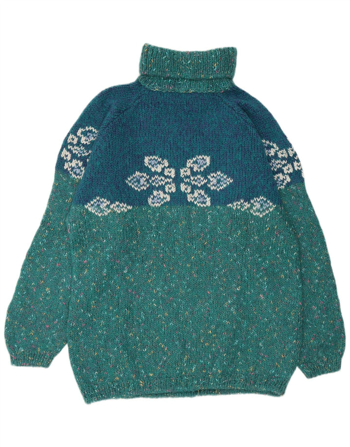 VINTAGE Womens Graphic Roll Neck Jumper Sweater UK 18 XL Turquoise Flecked