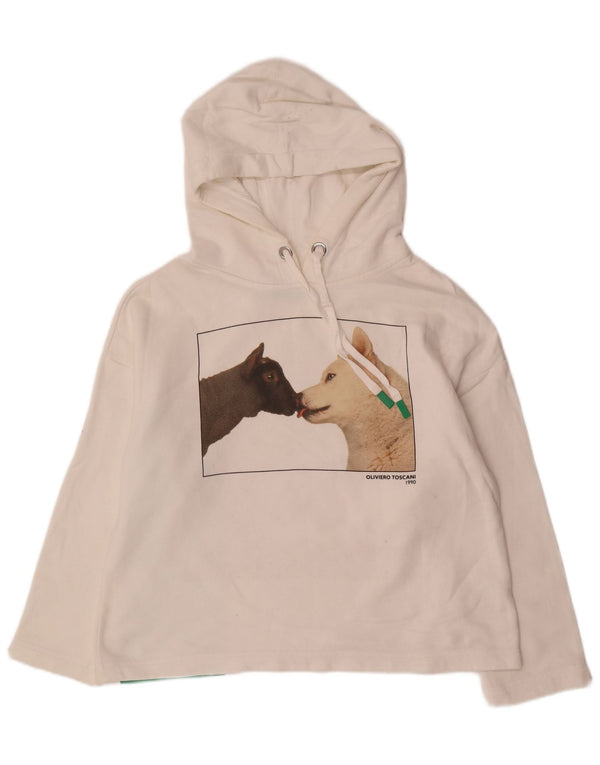 BENETTON Womens Graphic Hoodie Jumper UK 14 Medium Off White