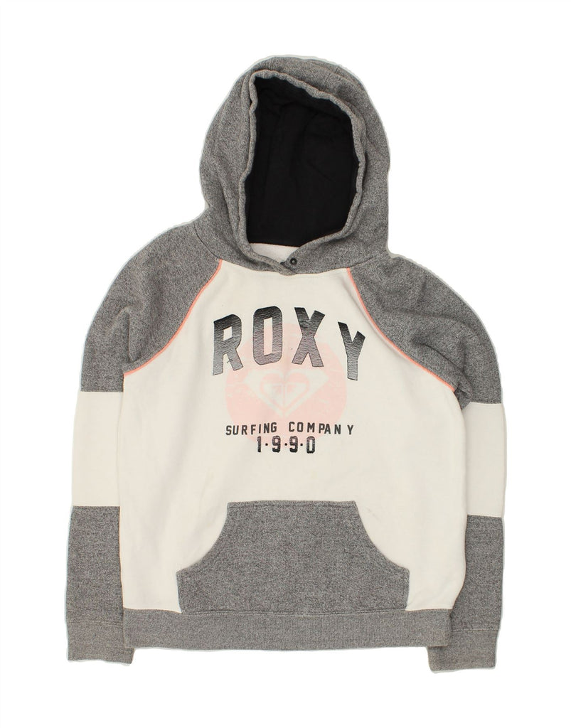 ROXY Womens Graphic Hoodie Jumper UK 14 Medium Grey Colourblock Cotton | Vintage Roxy | Thrift | Second-Hand Roxy | Used Clothing | Messina Hembry 