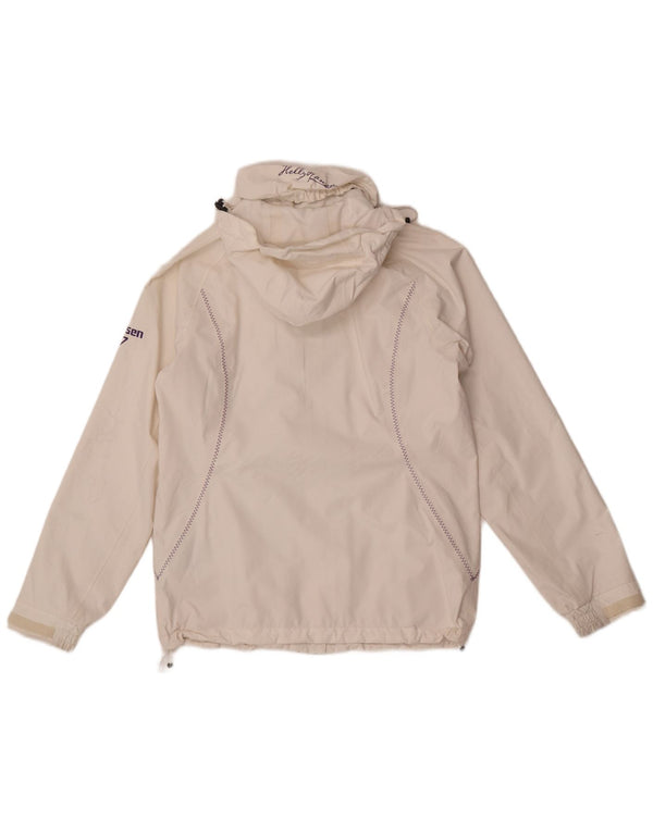 Helly Hansen Womens Graphic Hooded Rain Jacket UK 10 Small White Polyamide
