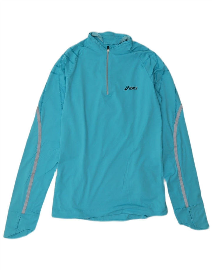 Asics Womens Zip Neck Pullover Tracksuit Top UK 12 Medium Blue Geometric