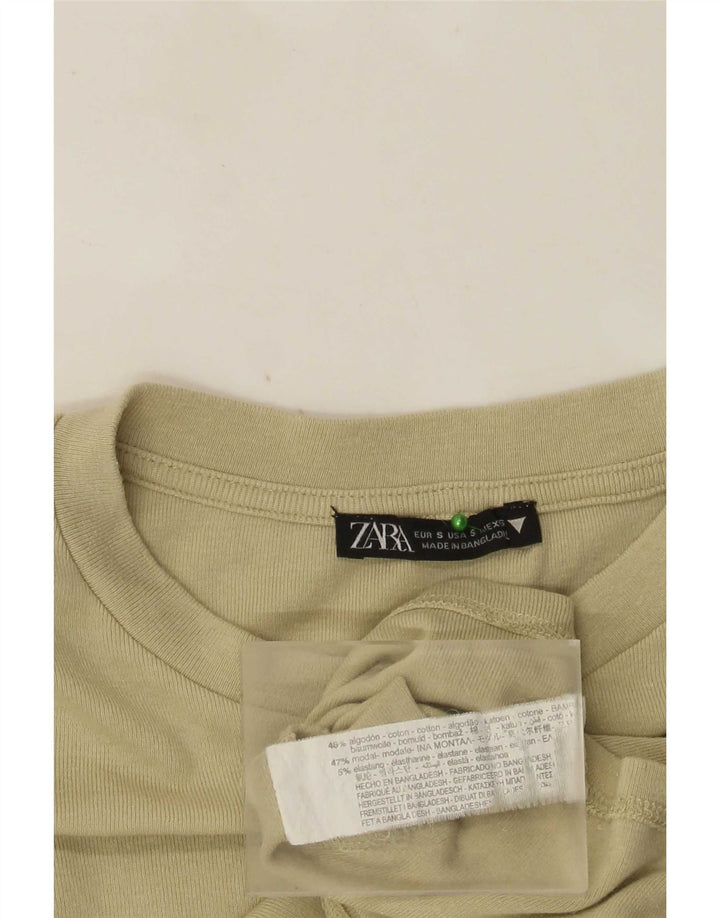 Zara Womens Crop Top Long Sleeve UK 8 Small Khaki Cotton