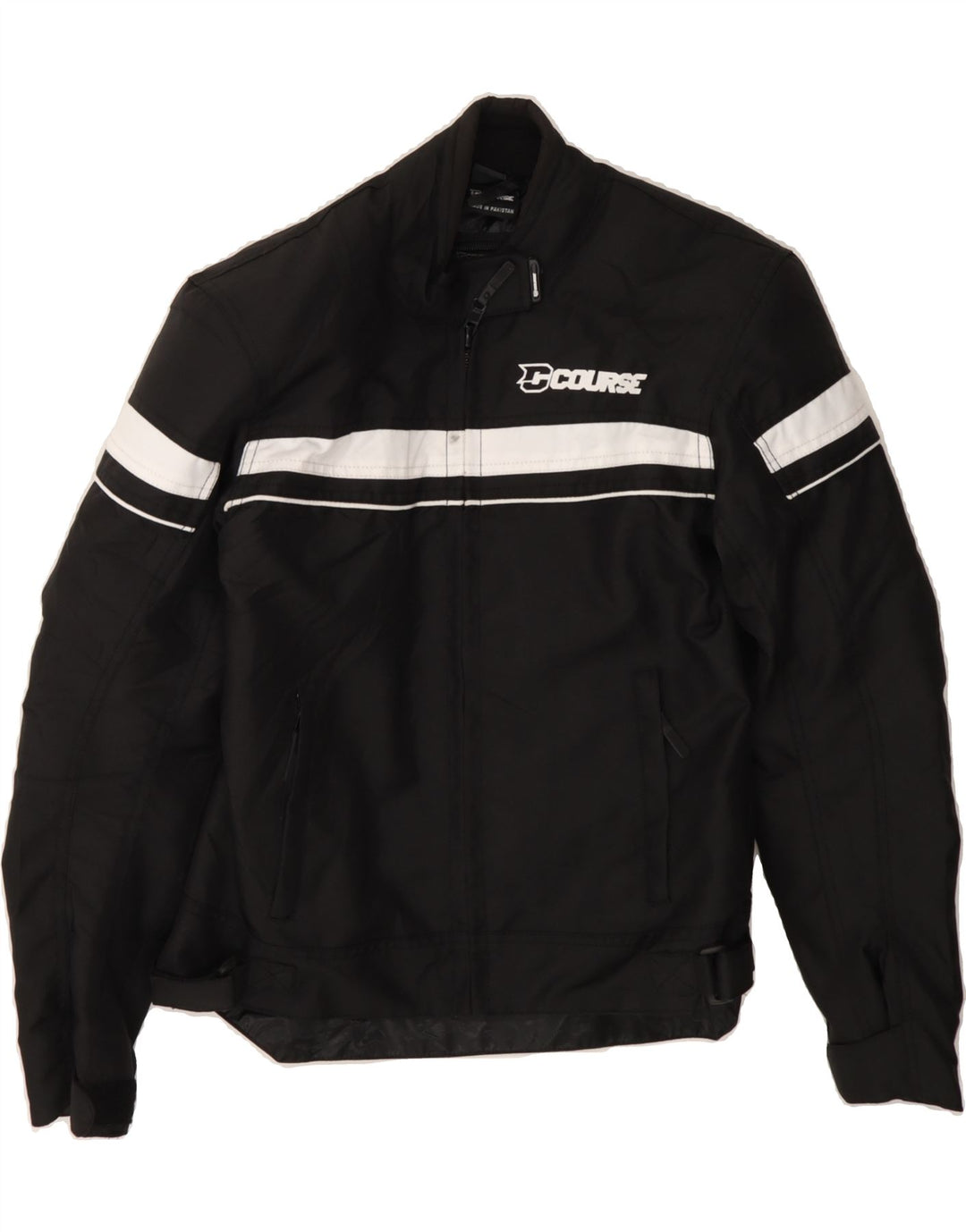 COURSE Mens Graphic Racer Jacket UK 36 Small Black Polyester Vintage Course and Second-Hand Course from Messina Hembry 