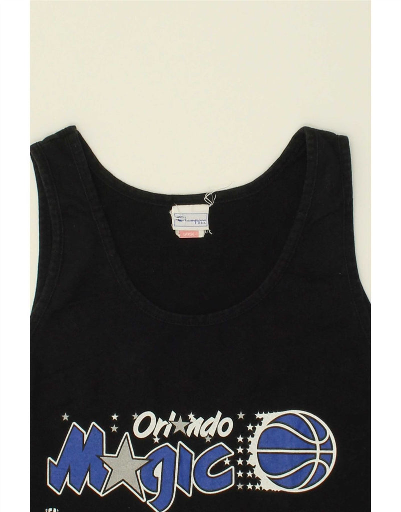 CHAMPION Womens Graphic Vest Top UK 16 Large Black Vintage Champion and Second-Hand Champion from Messina Hembry 