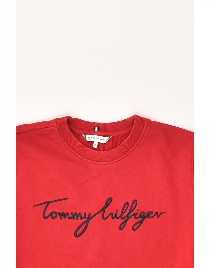 TOMMY HILFIGER Womens Graphic Sweatshirt Jumper UK 6 XS Red Cotton | Vintage Tommy Hilfiger | Thrift | Second-Hand Tommy Hilfiger | Used Clothing | Messina Hembry 