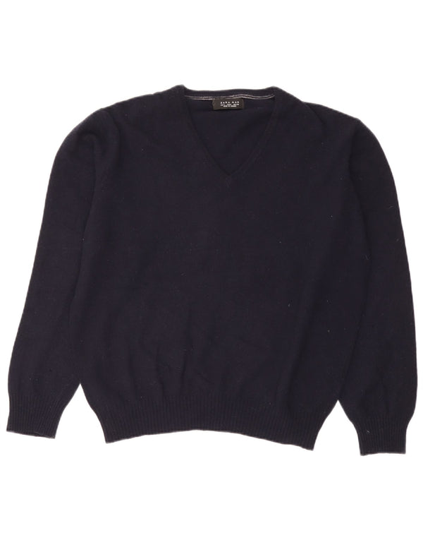 Zara Mens V-Neck Jumper Sweater Large Navy Blue Wool