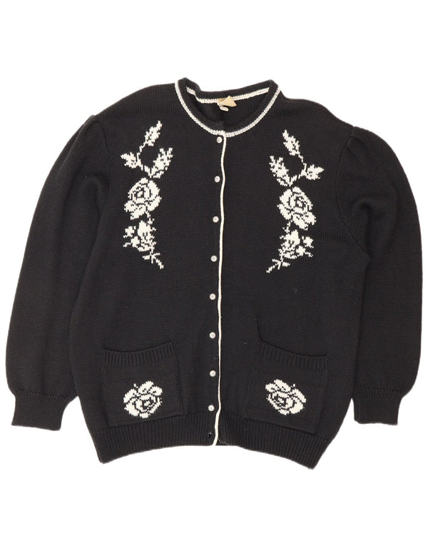 JORG PETERSON Womens Cardigan Sweater EU 42 Large Black Floral Wool