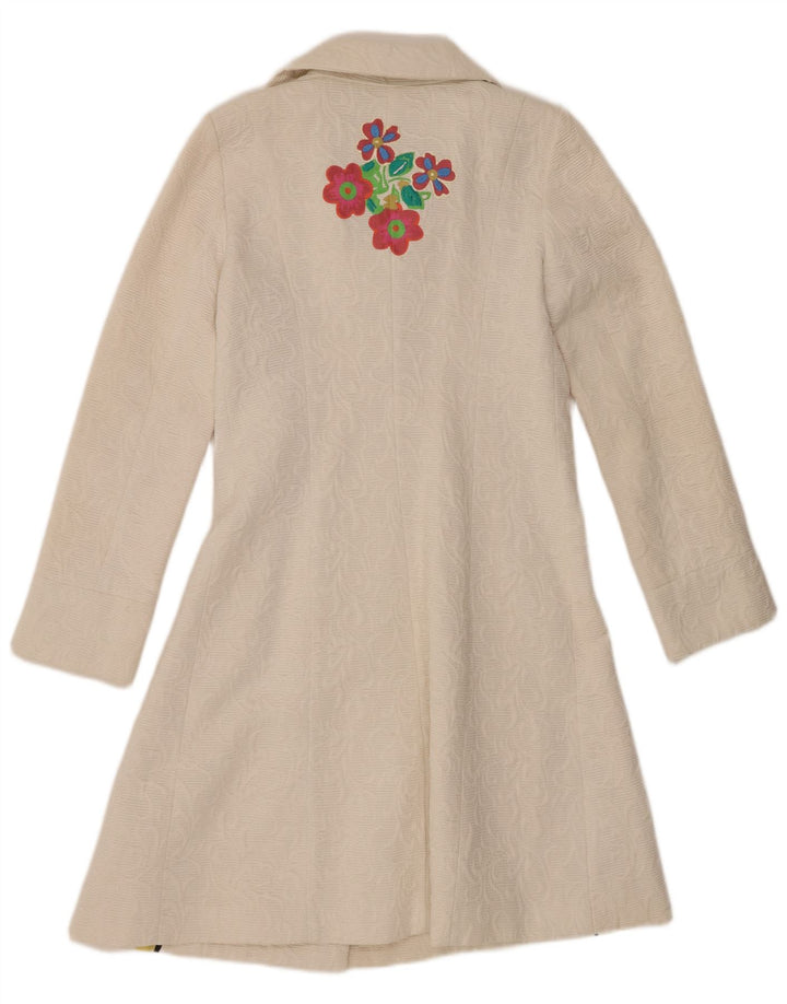Desigual Womens Overcoat EU 38 Medium White Floral Cotton