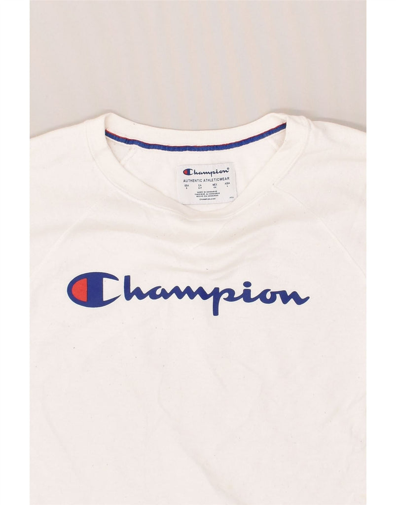 CHAMPION Mens Graphic Sweatshirt Jumper Small White Polyester | Vintage Champion | Thrift | Second-Hand Champion | Used Clothing | Messina Hembry 