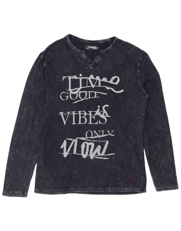 Desigual Mens Graphic T-Shirt Long Sleeve Large Navy Blue Cotton
