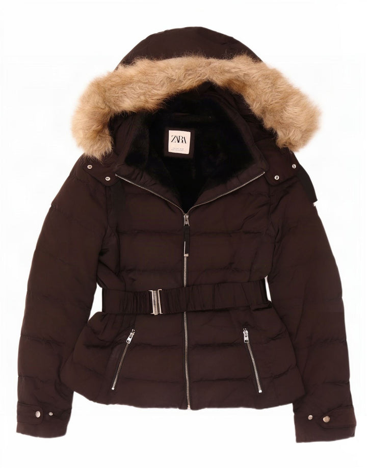 Zara Womens Hooded Sherpa Padded Jacket UK 16 Large Black
