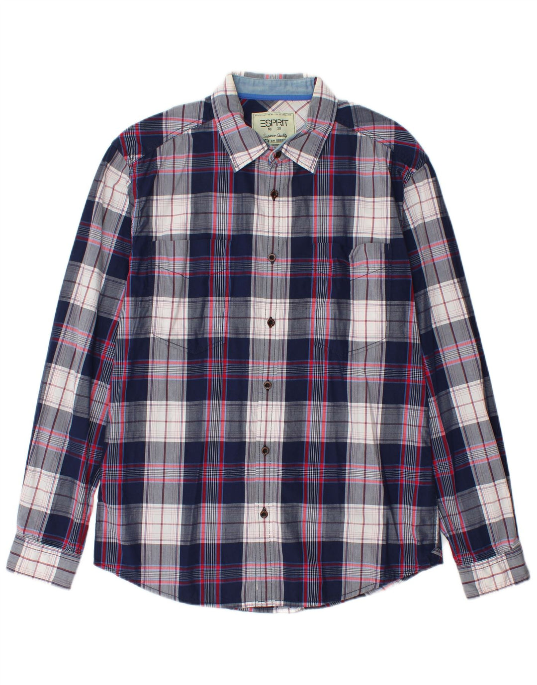 Esprit Mens Slim Fit Shirt Medium Navy Blue Check Cotton