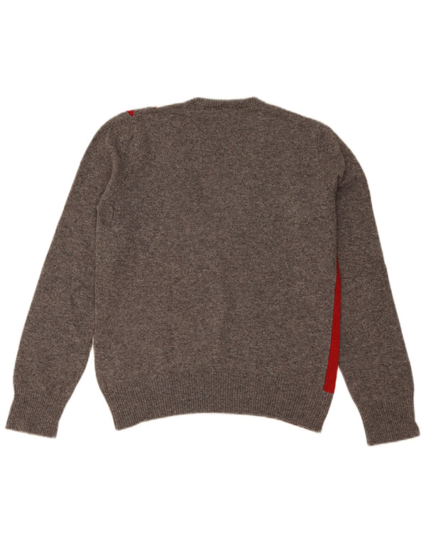 Benetton Womens V-Neck Jumper Sweater UK 14 Large Grey Argyle/Diamond Wool