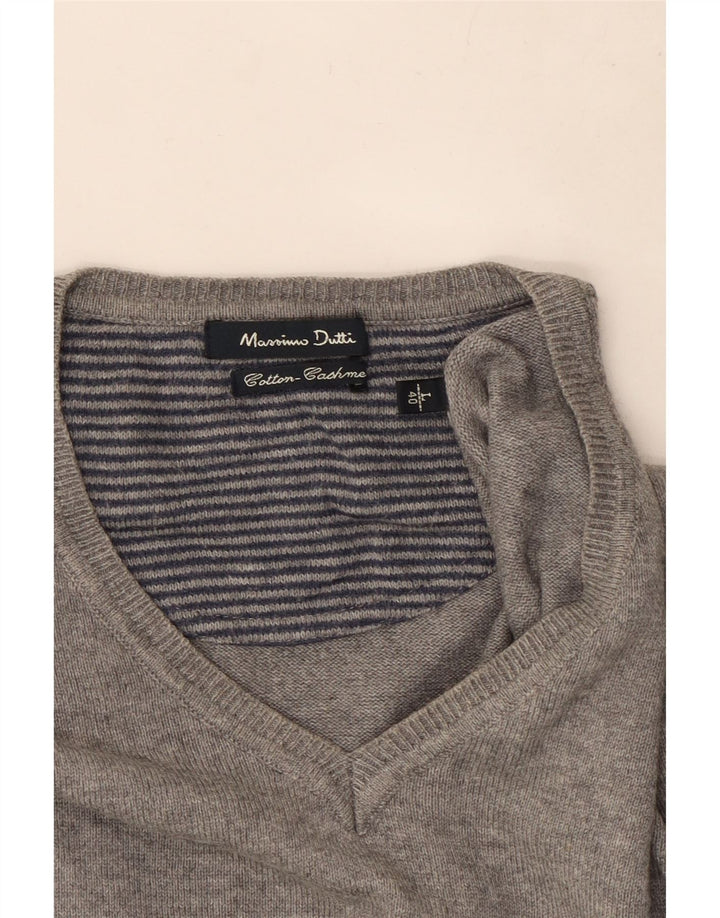 Massimo Dutti Mens V-Neck Jumper Sweater Large Grey Cotton