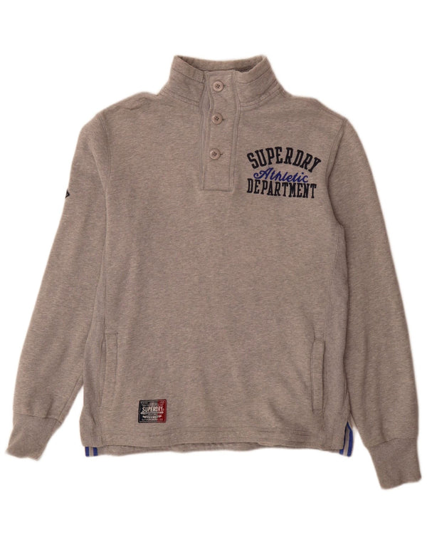 Superdry Mens Graphic Button Neck Sweatshirt Jumper Small Grey Cotton