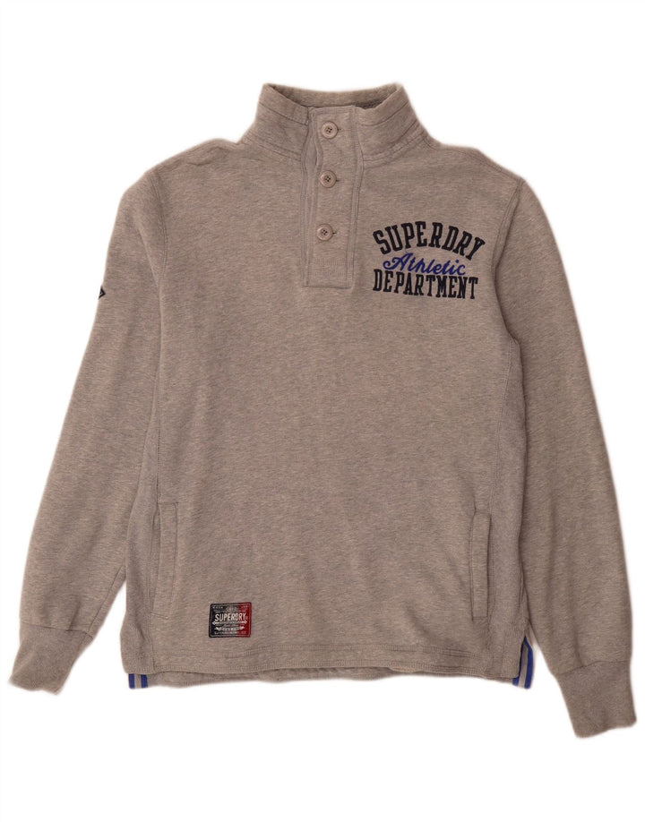 Superdry Mens Graphic Button Neck Sweatshirt Jumper Small Grey Cotton