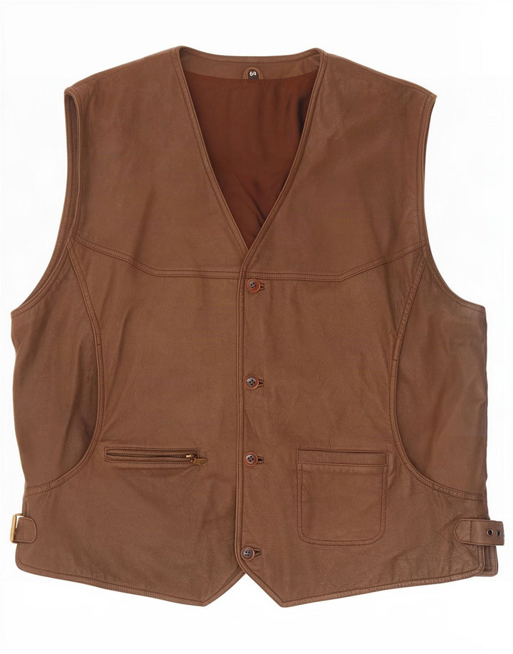 Vintage Mens Leather Waistcoat IT 64 5XL Brown