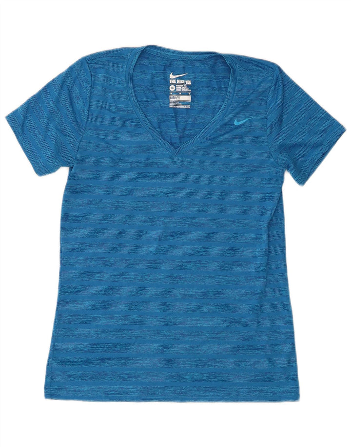 Nike Womens Dri Fit T-Shirt Top UK 12 Medium Blue Striped Polyester