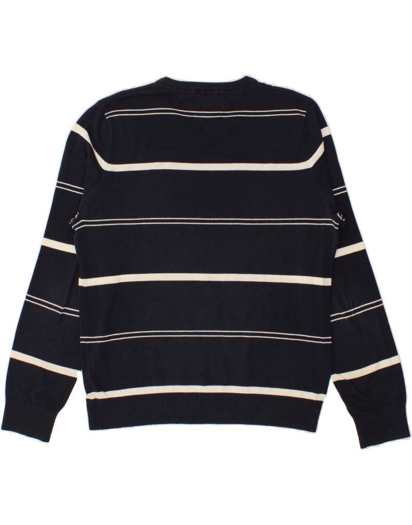 TOMMY HILFIGER Mens V-Neck Jumper Sweater Medium Navy Blue Striped Cotton Vintage Tommy Hilfiger and Second-Hand Tommy Hilfiger from Messina Hembry 