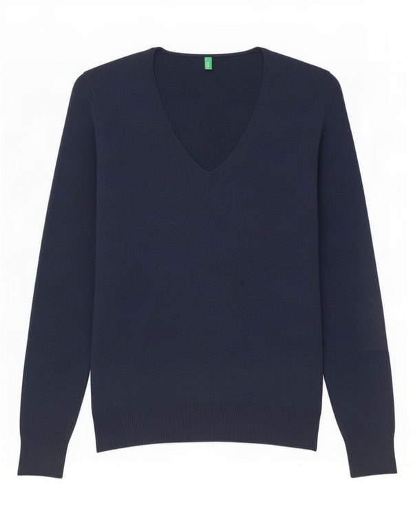 Benetton Womens V-Neck Jumper Sweater UK 10 Small Navy Blue Cotton