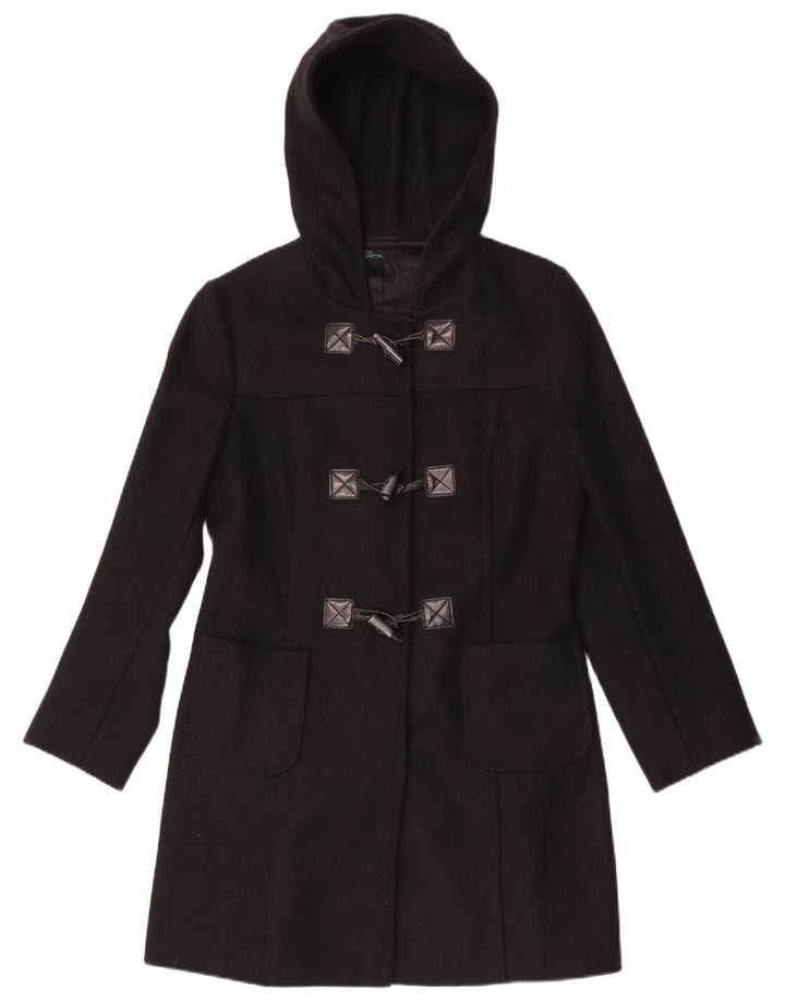 Benetton Womens Hooded Duffle Coat IT 42 Medium Black Wool