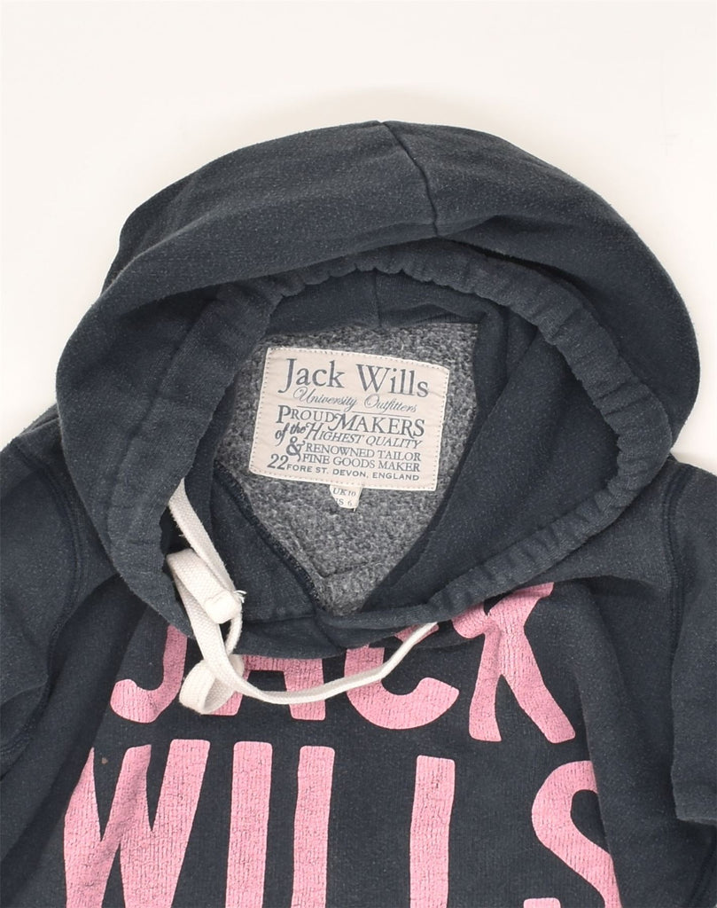 JACK WILLS Womens Graphic Hoodie Jumper UK 10 Small Navy Blue Cotton | Vintage Jack Wills | Thrift | Second-Hand Jack Wills | Used Clothing | Messina Hembry 