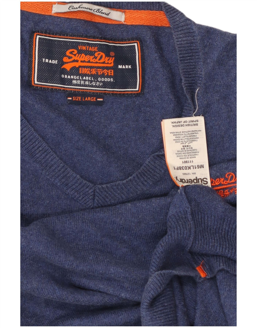 Superdry Mens V-Neck Jumper Sweater Large Blue Cotton