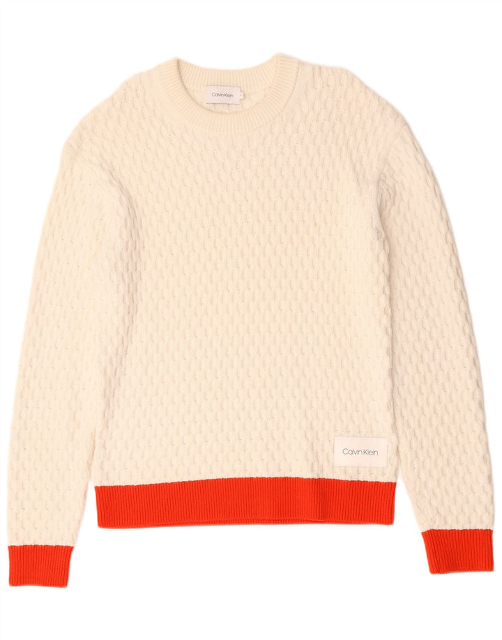 Calvin Klein Mens Crew Neck Jumper Sweater Medium White Colourblock Cotton