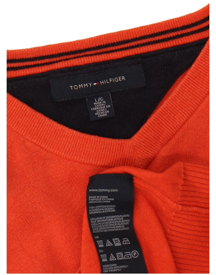 Tommy Hilfiger Mens V-Neck Jumper Sweater Large Red Cotton